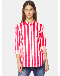 Coral Red & White Regular Fit Striped Casual Shirt