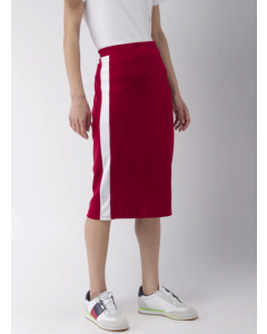 Red Solid Pencil Knee Length Skirt