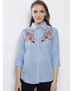 Women Blue Solid Regular Fit Floral Shirt