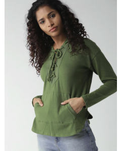 Women Green Solid Hooded Top