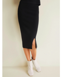Black Self-Striped Midi Straight Skirt