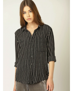 Women Black & Off-White Regular Fit Striped Casual Shirt