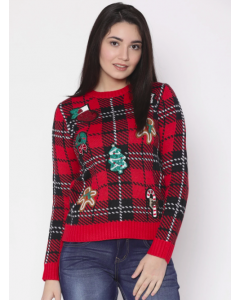 Women Red & Black Checked Pullover