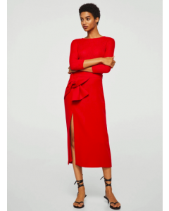 Red Solid Straight Midi Skirt