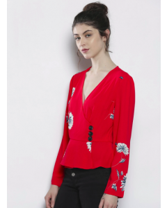 Women Red & White Floral Wrap Top