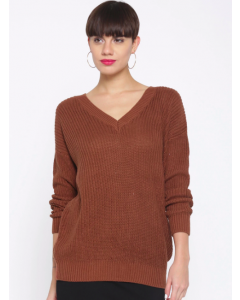 Brown Solid V Neck Sweater