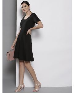 Black Solid Short Sleeve A-Line Dress