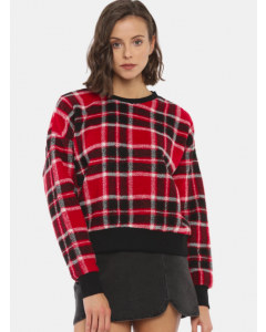 Women Red & Black Checked Pullover Sweater