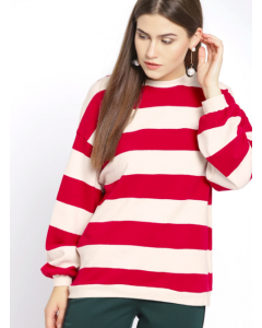 Women Red & Off-White Striped Pullover
