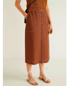 Brown Solid Midi Straight Skirt