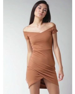 Brown Solid Off-Shoulder Sheath Dress
