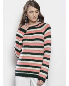 Women Pink and Green Striped Pullover
