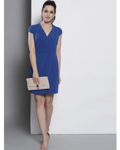 Blue Solid Wrap Dress - VNeck