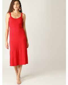 Red Self Solid A-Line Dress - Round Neck