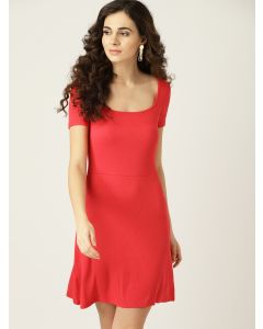 Women Red Self-Solid A-Line Dress - Round Neck Styled