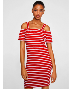 Women Red & White Striped Sheath Bardot Dress