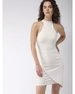 Women White Solid High neck Dress